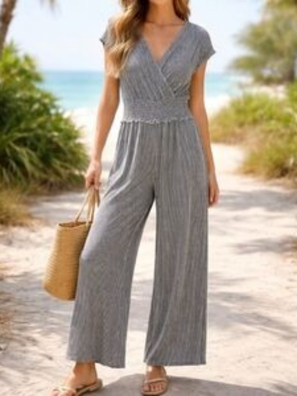 Marshalls Gray Ribbed Surplice Waist Jumpsuit